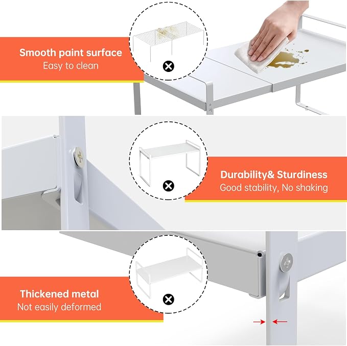 Expandable Cabinet Shelf Organizer for Kitchen 11", White (2 Pack) | Expandable 14-25" Metal Countertop Organizer for Kitchen, , Fits Pantry, Over Sink, Spices, Microwave & Dishes - Image 3