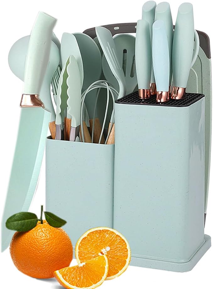 19 Pcs Kitchen Cooking Utensils and Knife Set with Block, Include 11 Pcs Silicone Cooking Utensils Set 5 Pieces Sharp Stainless Steel Chef Knives Scissors Whisk Tongs and Cutting Board (Light Green) by YAQIZENG