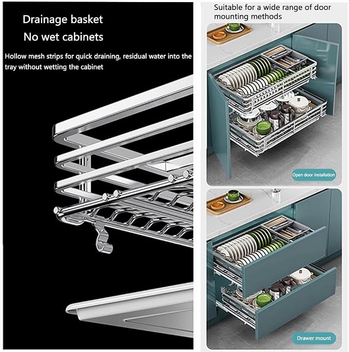 2 Tier Sliding Pull Out Drawers for Kitchen Cabinets, Stainless Steel Drawer Dish Rack Wire Basket, Dish Drying Rack with Drainboard Set, Storage Shelf Home Kitchen - Image 5