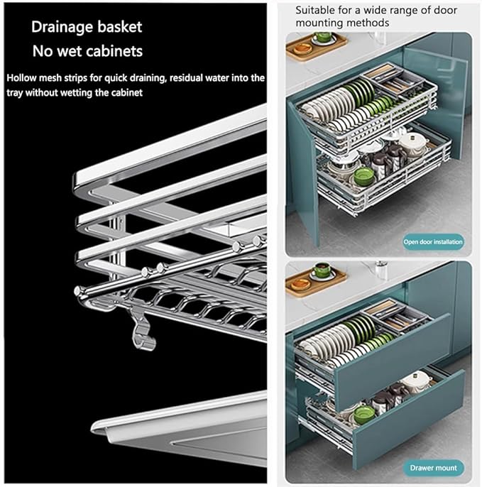 2 Tier Sliding Pull Out Drawers for Kitchen Cabinets, Stainless Steel Drawer Dish Rack Wire Basket, Dish Drying Rack with Drainboard Set, Storage Shelf Home Kitchen - Image 5