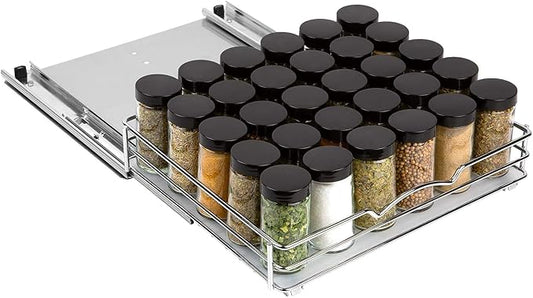 Pull-Out Cabinet Spice Rack Organizer, 12 ⅜"W x 10 ⅜"D x 2 ¾"H | Slim Slide-Out Storage for Spices, Bottles & Jars, Premium Heavy-Duty Steel, Easy Install for Narrow Kitchen Cabinets, Chrome by HOLDN%E2%80%99STORAGE