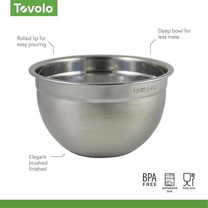 Tovolo Stainless Steel Mixing Bowls, 1.5 Qt - Metal Nesting Mixing Bowl with Rounded Lip for Easy Pour & Minimal Mess - Large & Small Dishwasher Safe Kitchen Supplies for Prep & Cooking (Pack of 8) - Image 6