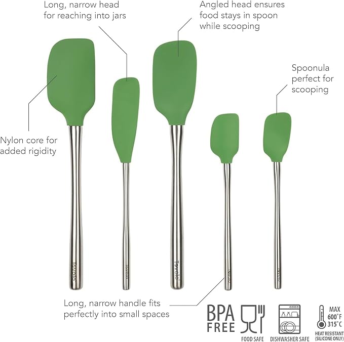 Tovolo Stainless Steel Handled Silicone Spatula Set of 5 Oyster Gray, Dishwasher Safe Kitchen Spatula Set for Cooking Baking, Non Toxic BPA Free Silicone Spatula set with Metal Steel Handle - Image 2