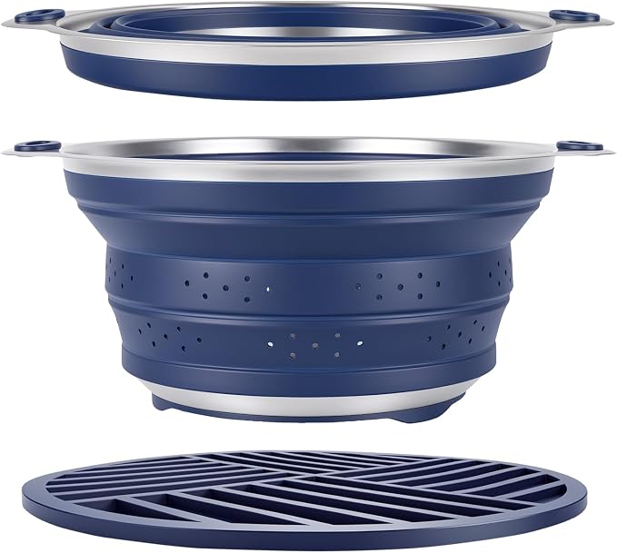 Collapsible Colander Set with Silicone Mat,2-in-1 Stainless Steel Colander for Kitchen, Foldable Metal Colander, Space-Saving for Pasta Veggies Fruit(NAVY BLUE) - Image 9