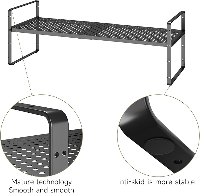 16.5~27.1" Expandable Shelf with Hole，2Pack 8.1" Wide Stackable Cabinet Shelves，Black - Image 5
