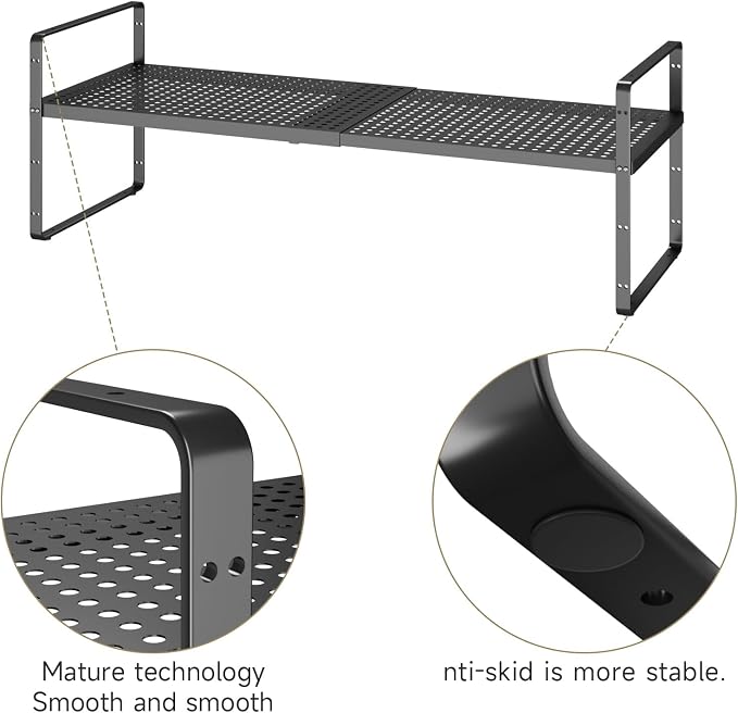 16.5~27.1" Expandable Shelf with Hole，1Pack 10.2" Wide Stackable Cabinet Shelves，Black - Image 5