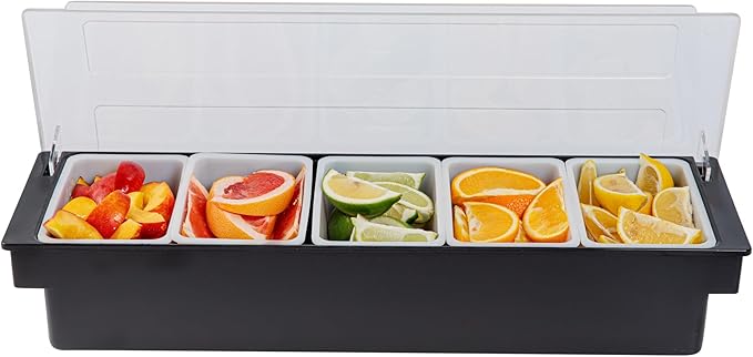Restaurantware Bar Lux 19.6 x 6.3 x 3.7 Inch Condiment Caddy 1 Durable Bar Caddy - 5 Removable Compartments Built-In Lid Black Plastic Condiment Holder For Restaurant Store Cocktail Garnish by Restaurantware