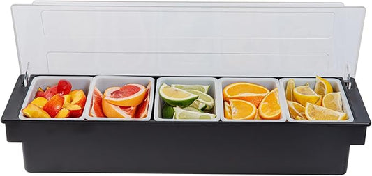 Restaurantware Bar Lux 19.6 x 6.3 x 3.7 Inch Condiment Caddy 1 Durable Bar Caddy - 5 Removable Compartments Built-In Lid Black Plastic Condiment Holder For Restaurant Store Cocktail Garnish by Restaurantware
