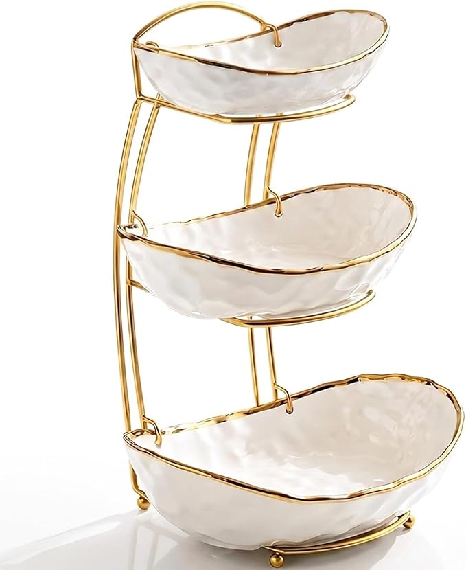 XUDREZ 2 Tier/ 3 Tier Fruit Bowl with Metal Stand for Kitchen Counter, Ceramic Gold Silver White, Portable Tiered Fruit Basket Fruit Rack for Nuts, Snacks, Bread, Candy Storage (White A, 3 Tier) by XUDREZ