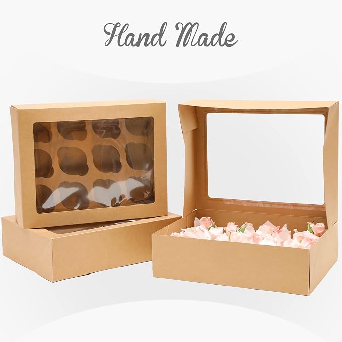 qiqee Auto-pop Up Cupcake Boxes with Window Brown 40PCS 12 Count Cupcake Box 13"x10"x3.5" Cupcakes Carrier, 12 Cupcake Containers with 2 rolls of pink ribbons - Image 4