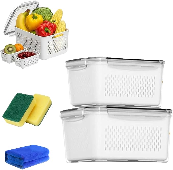 2026 New 4 in 1 Food Storage Container, Fruit Storage Containers for Fridge, Including Drain Basket, Produce Storage Containers with Lid and Strainer (M+L) by Unknown