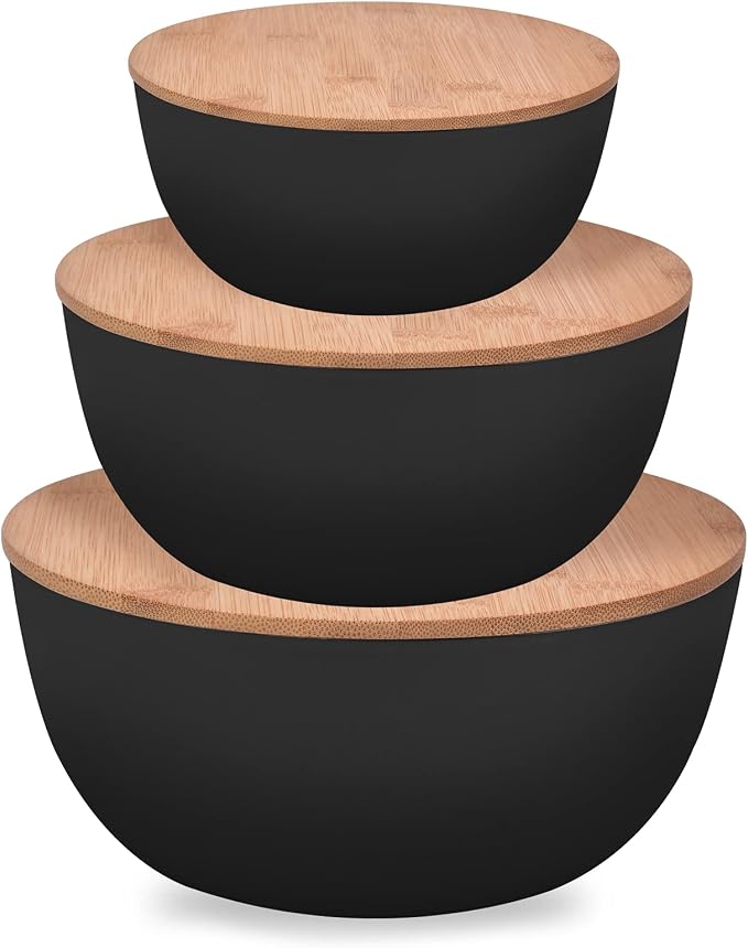Salad Bowl with Lid, Set of 3 (7" + 8.8" + 11") Serving Bowl with Bamboo Cover, Bamboo Fiber Mixing Bowl for Salad Cereal Pasta Soup Fruit Popcorn Chips (Black) by Panghuhu88