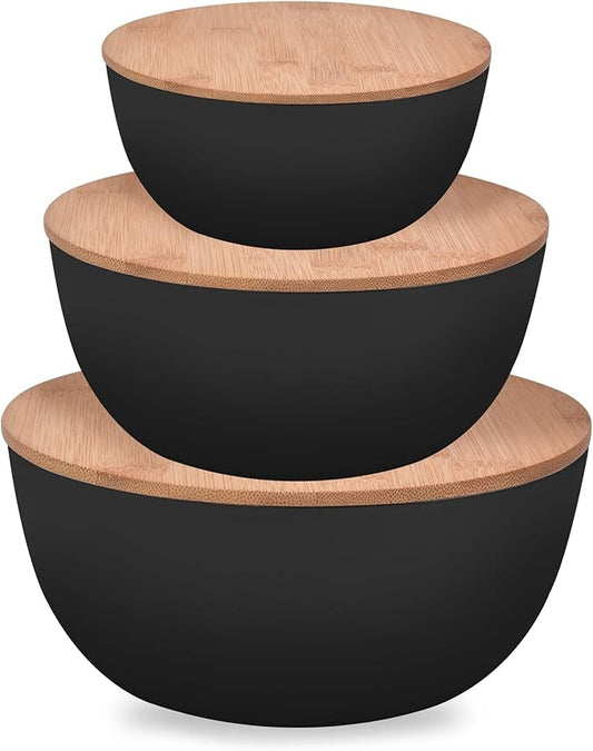 Salad Bowl with Lid, Set of 3 (7" + 8.8" + 11") Serving Bowl with Bamboo Cover, Bamboo Fiber Mixing Bowl for Salad Cereal Pasta Soup Fruit Popcorn Chips (Black) by Panghuhu88