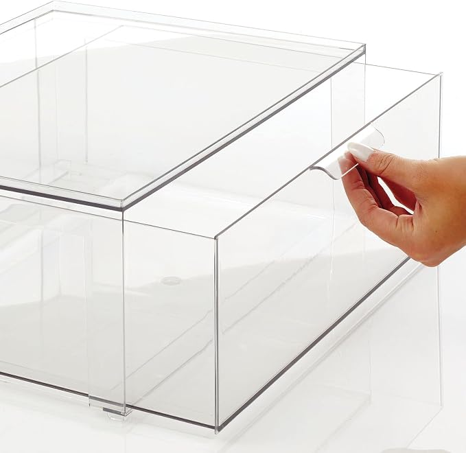 mDesign Plastic Stackable Bathroom Storage Organizer Bin Containers with Front Pull Drawer for Bathroom Countertop, Vanity, Closet Shelves - Holder for Accessories, Lumiere Collection, Set of 3, Clear - Image 6