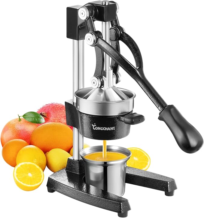 TONGCHANT Cast Iron Manual Juicer for Orange Lemon Lime Pomegranate &Citrus | Heavy Duty Orange Juicer Squeezer, Hand Press Juicer, Citrus Press, Stainless Steel Cup, Easy to Clean, Black by TONGCHANT