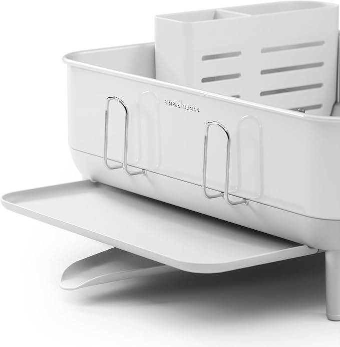 simplehuman Steel Frame Dishrack, Compact Dish Drying Rack for Small Kitchens, 360º Easy Drain Swivel Spout, Anti-Residue Coating, Moisture Control Surface, White - Image 4