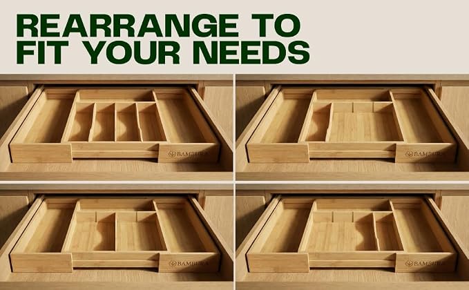Expandable Bamboo Silverware Drawer Organizer, Utensil Holder Tray | 6 Compartments, 3 Movable Dividers, Fits 11.9-20.8 in Wide, Non-Slip Base, Cutlery & Flatware Caddy for Kitchen, Bath, Office - Image 5