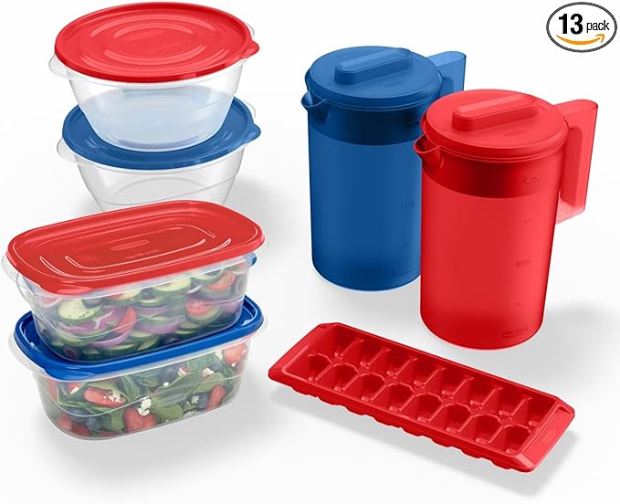 Rubbermaid TakeAlongs Special-Edition Americana 13-Piece Set of Food Storage Containers with Lids, Including Two Pitchers and Ice Tray, QuikClik Seal, BPA-Free by Unknown
