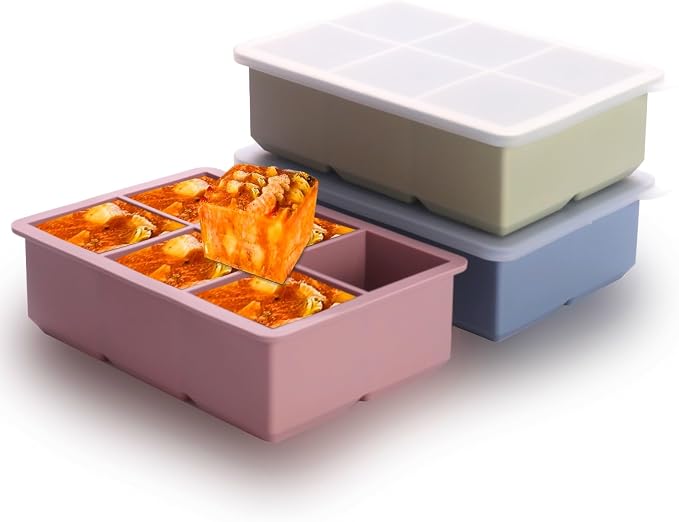 1/2 Cup Silicone Freezer Tray With Lid,Silicone Freezer Molds 3-Pack For meal prep & freezing of various sauces and other dishes, makes 18 perfect 1/2 cup portions cubes (Multicolor 3 Pack) by BECOKIT