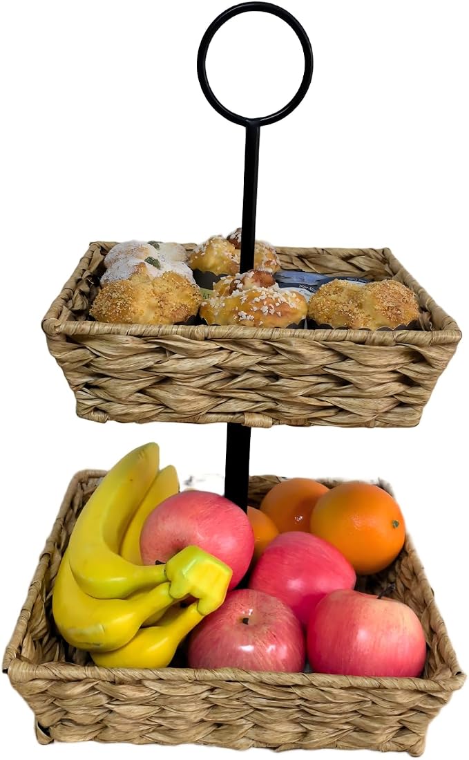 2 Tier Wire Fruit Basket with Rattan | Square Metal Standing Baskets| Handwoven Fruit and Vegetable Storage Organizer |Stackable Candy Organizer|Multi-Function Snack Rack&Shelf for Chips - Image 4