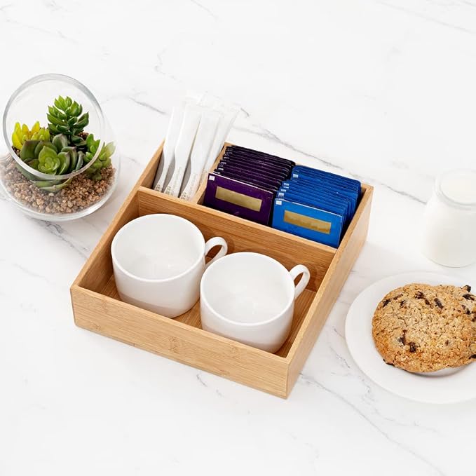 Restaurantware-8.3 x 8.3 x 2 Inch Coffee Condiment Organizer, 1 Square Creamer Organizer - 3 Compartments, Break-Resistant, Bamboo Coffee Accessory Caddy, Won't Chip, For Sugar Packets And Creamers - Image 3