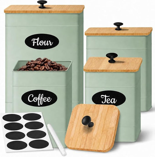 Kitchen Canisters Sets of 4 - Metal Flour Sugar Storage Containers Set for Countertop with Airtight Lids, Coffee Tea Sage Green Canister Set with Customizable Chalkboard Labels & Marker Pen by CISTOREBOHE
