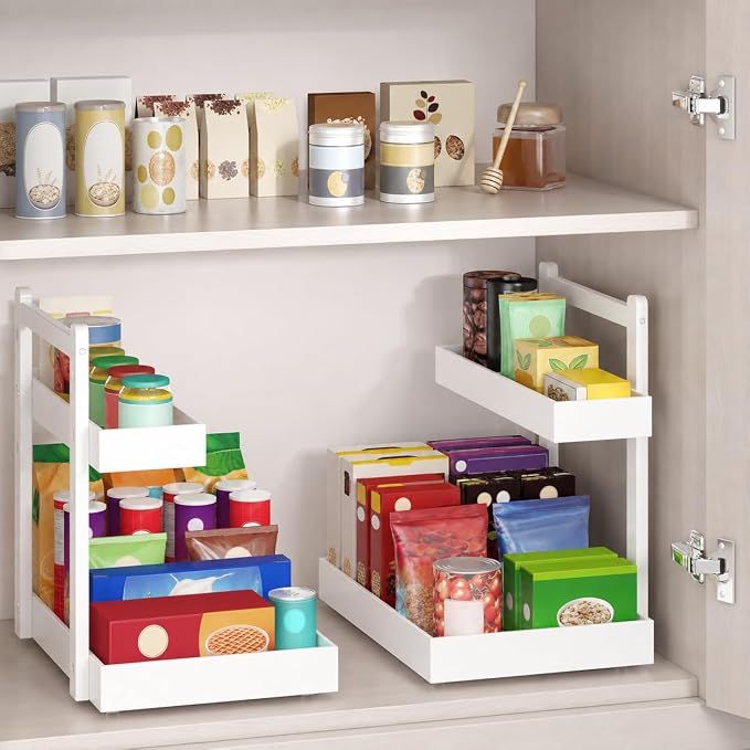 Bamboo Under Sink Organizer, 2-Tier Pull Out Cabinet Organizer | Kitchen Sink Organizer | Bathroom Cabinet Organizer | Cleaning Supply Storage | L-Shape | 3-Level Adjustable | Natural Bamboo - Image 3