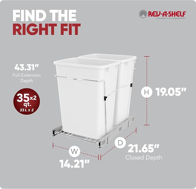 Rev-A-Shelf Double 35 Qt Pullout Trash Can for Base Kitchen Cabinets, Garbage Waste Bin System with Full-Extension Slides, Min Opening Width of 14.5" White/Chrome, RV-18KD-11C S - Image 3