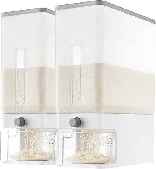 Lifewit Rice Dispenser 25 Lbs, Airtight Storage with Cup, 2 Pack Clear | BPA-Free 11.3kg Capacity Storage Container for Beans, Corn & Other Small Grains, One-Press Dispensing Bin for Kitchen Pantry by Lifewit