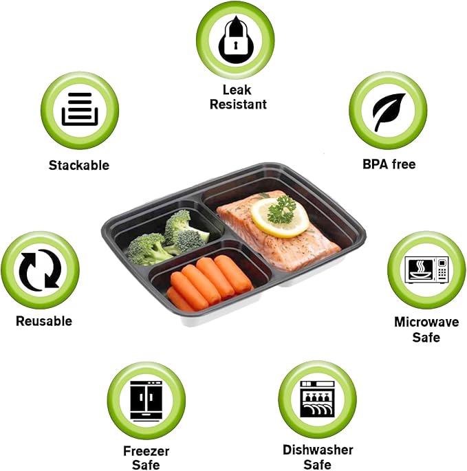 [150Pack] 32oz Meal Prep Containers, Black Plastic Container, 3 Compartment Lunch Box, Bento Box, To go Food packaging, Reuseable - Image 2