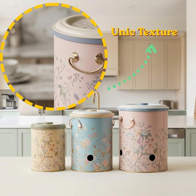 MARIA ROMA Metal Potato and Onion Storage Bin Set of 3 with Garlic Keeper - Vintage Metal Kitchen Canisters, Vegetable Storage Containers - Farmhouse Rustic Pantry Organization - Image 5