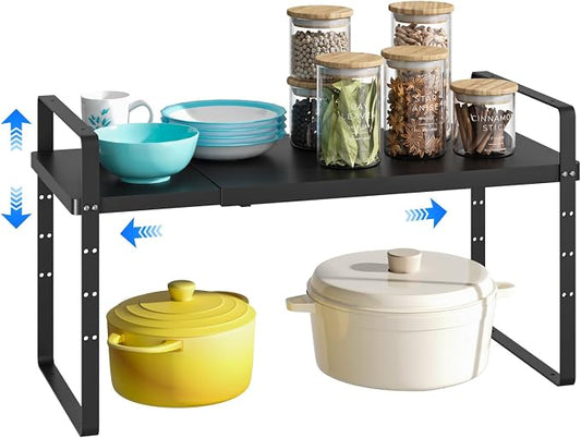 Expandable Cabinet Shelf Organizer, Stackable Kitchen Pantry Counter Storage, Adjustable Closet Cupboard Stand Rack Risers Spice Organization 80LBS Heavy Duty Black Large 1 Pack by KIKIBRO