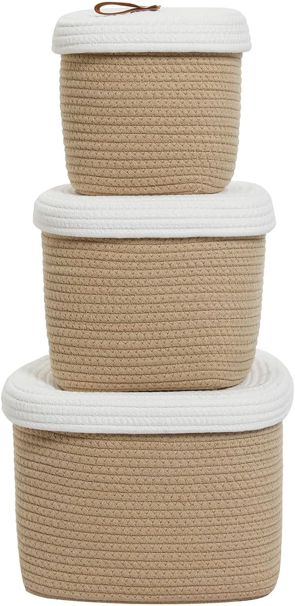 Set of 3 Nesting Woven Storage Baskets with Lids, Cotton Rope Decorative Basket Set for Shelf Closet Living Room Organizing, Square Beige & White - Image 4
