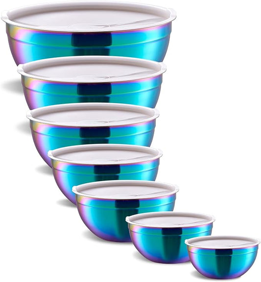 Rainbow Mixing Bowls With Airtight Lids,Stainless Steel Bowl,Salad Bowls 7 Piece Colorful Nesting Bowl Rainbow Kitchen Accessories,Size 7,3.6,2.7,2.1,1.5,1.1,0.8QT Stackable Design by Onlycooker