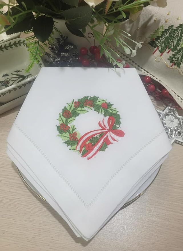 – Embroidered Cloth Napkin Holly Christmas Wreath Cotton Napkins Set of 6, 20 x 20”, Hemstitch Table Napkins, Machine Washable, Daily & Holidays, Great Gift Ideas - Image 8