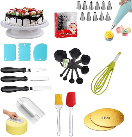 Cake Decoration Kit with 360-Degree Rotating Turntable Table,12 Piece Cake Decorating Nozzle,Plastic Whisk,Scraper Set, Silicone Spatulaa,Smoother,Rose Cutter,Knif (Combo 11) by Unknown