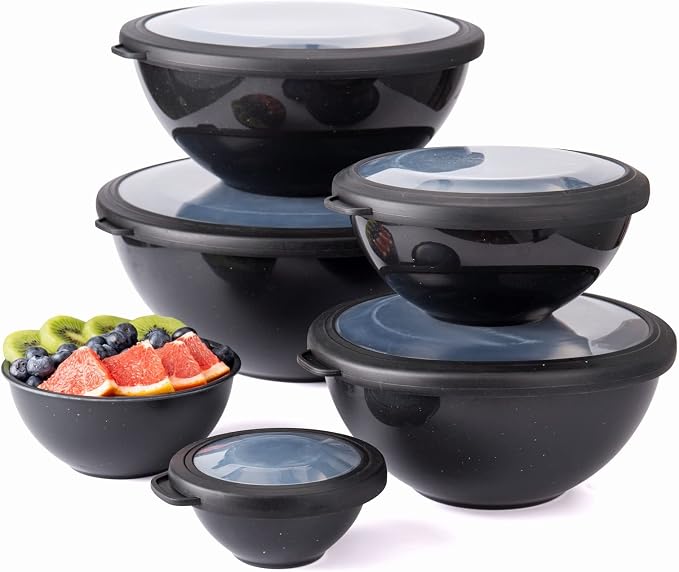 COOK WITH COLOR Mixing Bowls with TPR Lids - 12 Piece Plastic Nesting Bowls Set includes 6 Prep Bowls and 6 Lids, Microwave Safe (Speckled Black) - Image 8