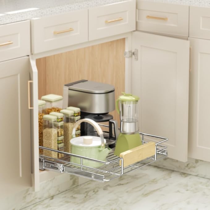 LOVMOR Pull Out Cabinet Organizer with Wooden Handle, 16½" W x 21½"Heavy Duty Cabinet Drawers Shelves Slide Out Organizer for Kitchen, Pantry - Image 7