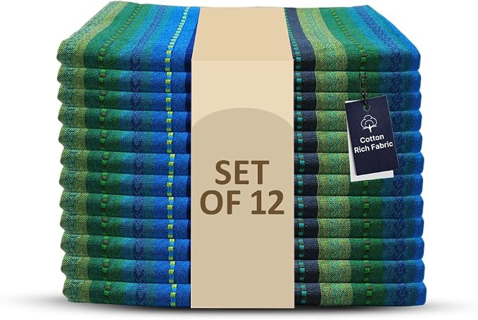 LFH Home Cotton Rich Cloth Salsa Napkin Set of 12 Washable Soft Durable Striped Table Napkins for Dining Wedding Daily Use Reusable Eco-Friendly Fabric Napkins for Elegant Settings(18x18)-Blue Multi by LFHHomePrivateLimited