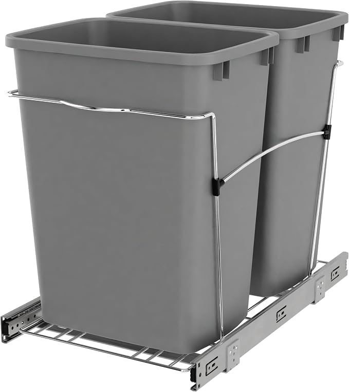 Rev-A-Shelf Double Pullout Garbage Trash Cans for Kitchen Cabinets, 35 Qt | Large Capacity Waste/ Recycling Bins, Heavy Gauge Wire Construction, with Full Extension Slides, Silver, RV-18KD-17C S by Rev-A-Shelf