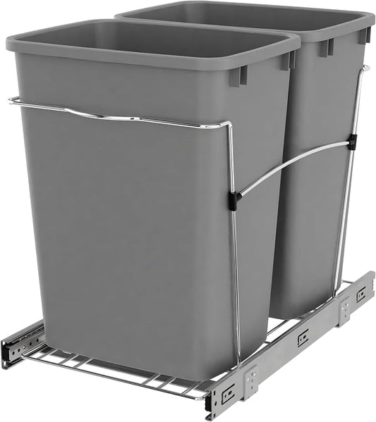 Rev-A-Shelf Double Pullout Garbage Trash Cans for Kitchen Cabinets, 35 Qt | Large Capacity Waste/ Recycling Bins, Heavy Gauge Wire Construction, with Full Extension Slides, Silver, RV-18KD-17C S by Rev-A-Shelf
