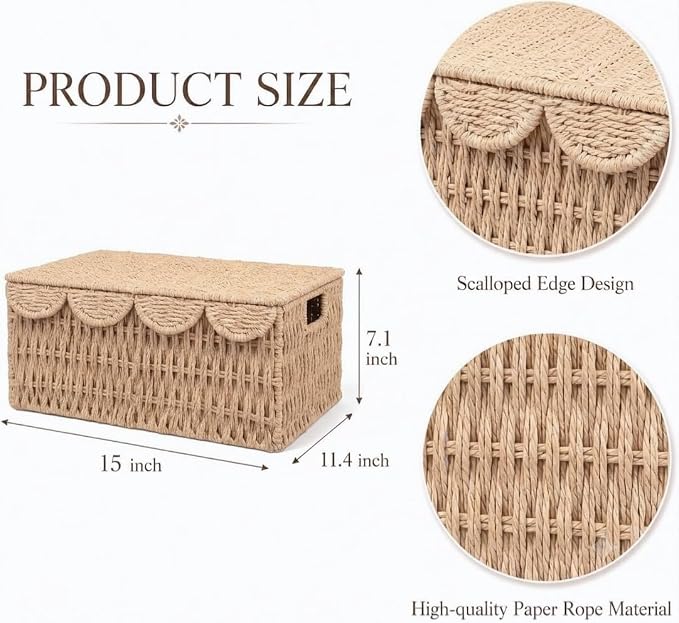 Wicker Basket with Scalloped Edge Lid, Water Hyacinth Storage Basket with Built-in Handles, Handwoven Wicker Box for Living Room, 15" L x 11 ¼" W x 7" H (Paper Rope) - Image 5