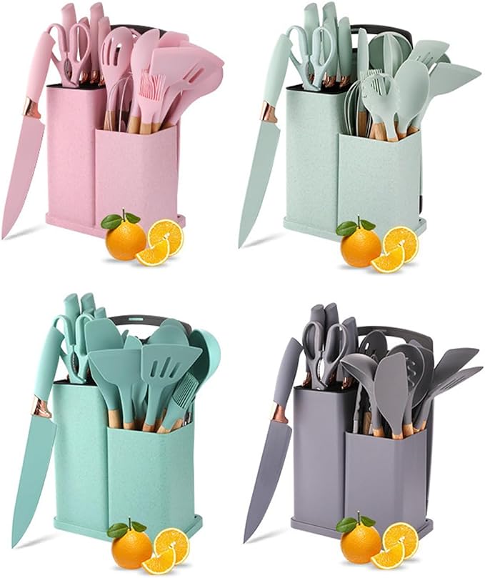 19 Pcs Kitchen Cooking Utensils and Knife Set with Block, Include 11 Pcs Silicone Cooking Utensils Set 5 Pieces Sharp Stainless Steel Chef Knives Scissors Whisk Tongs and Cutting Board (Teal) - Image 8