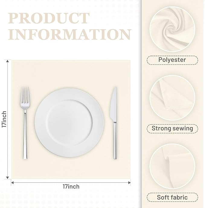 SuperO Set of 40 Cloth Napkins 17 x 17 Inch, Polyester Solid Washable Dinner Napkins with Hemmed Edges,Great for Restaurant, Wedding and Party(Ivory) - Image 3