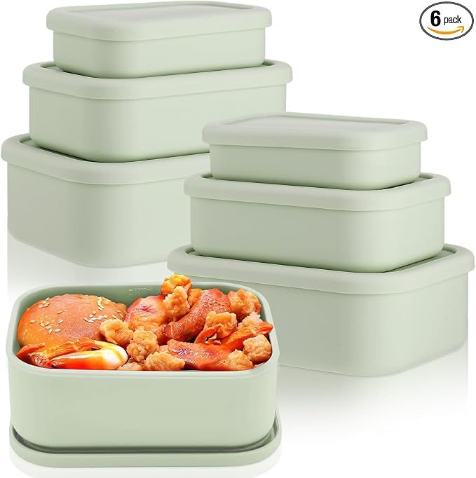 2 Sets of 6 Silicone Food Storage Containers, Reusable Lunch Bento Box with Lid, Hard Shell Storage Containers, Microwave Dishwasher Freezer Safe, 10 oz, 23.6 oz, 44 Ounce(Sage Green) by Blushtier