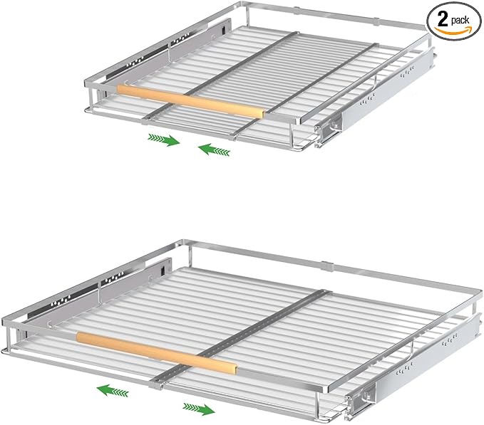 Expandable Pull Out Drawer Cabinet Organizers, Heavy Duty Slide Out Storage Shelf for Home Kitchen Pantry Cupboard Pots Pans, Adjustable Width from 16.2" to 26.2", Stainless 2 Packs by SOFRON