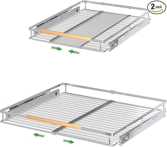 Expandable Pull Out Drawer Cabinet Organizers, Heavy Duty Slide Out Storage Shelf for Home Kitchen Pantry Cupboard Pots Pans, Adjustable Width from 17.2"~28.1", Stainless Steel 2 Pack by SOFRON