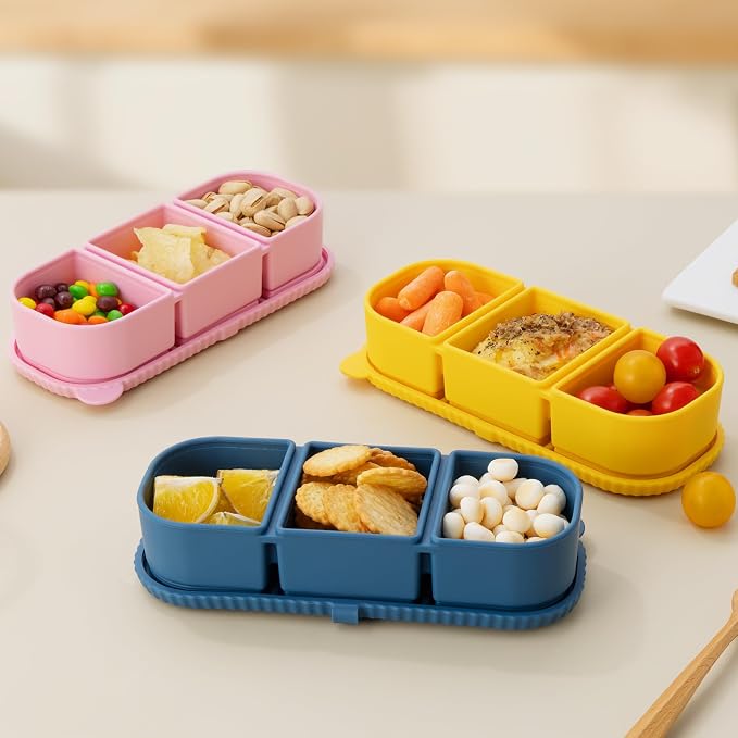 3 Pack Silicone Reusable Snack Containers with Lids - 3 Compartment Snackle Box for Kids & Adults, BPA-Free & Leakproof, Small for Dressing, Sauces, School, Office, Picnic（Blue, yellow, pink） - Image 7