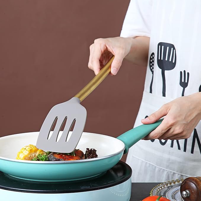 Berglander Non-stick Silicone Slotted Turner with Titanium Gold Plated Handle for Cooking, Dishwasher Safe, Easy to Clean - Image 7