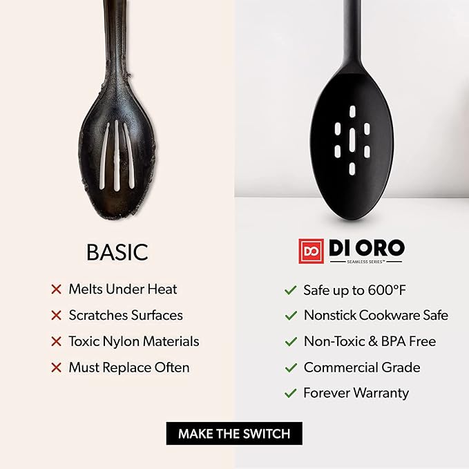 DI ORO 11-Piece Silicone Kitchen Set - 600°F Nonstick Heat-Resistant Utensils - 3 Turners, 5 Seamless Spatulas, 2 Spoons, 1 Ladle - Tools for Cooking & Baking - Dishwasher Safe, Easy to Clean (Black) - Image 7